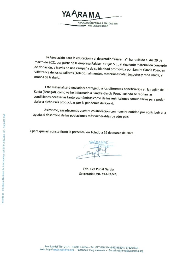 PALALAS HACE ENTREGA DEL MATERIAL RECAUDADO DURANTE LA CAMPAÑA SOLIDARIA